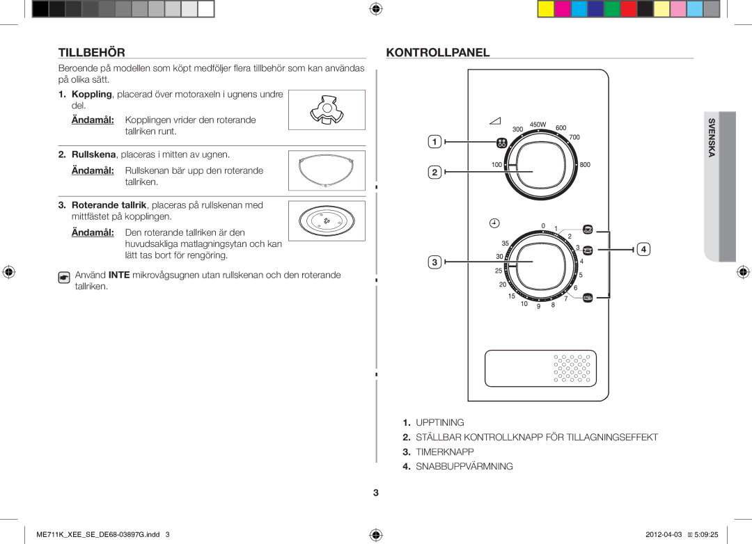 Samsung ME712K/XEE, ME711K/XEE manual Tillbehör, Kontrollpanel 