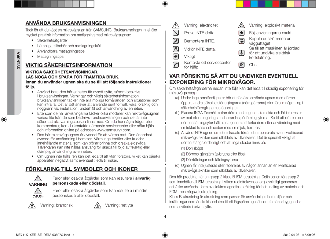 Samsung ME711K/XEE, ME712K/XEE Använda Bruksanvisningen, Viktig Säkerhetsinformation, Förklaring Till Symboler OCH Ikoner 