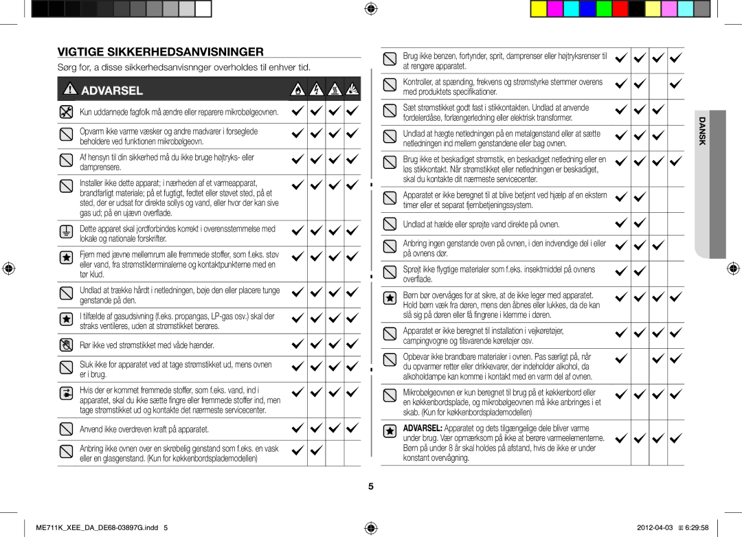 Samsung ME712K/XEE, ME711K/XEE manual Vigtige Sikkerhedsanvisninger, Anvend ikke overdreven kraft på apparatet 