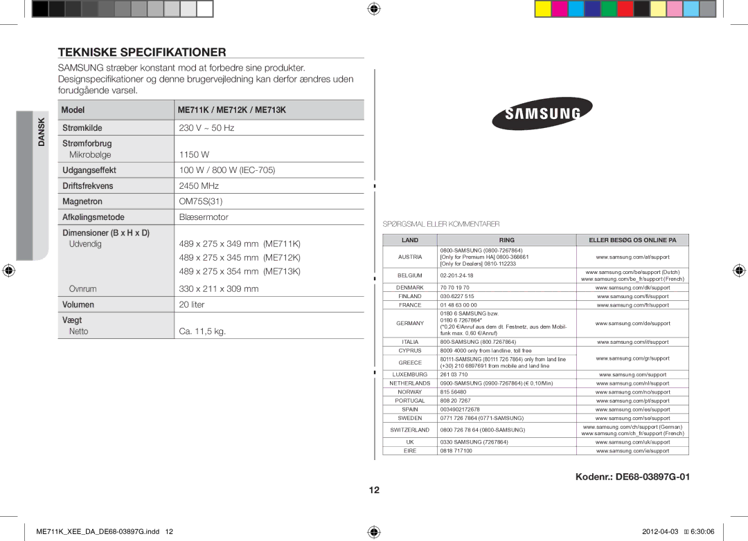 Samsung ME711K/XEE, ME712K/XEE manual Tekniske Specifikationer, Model ME711K / ME712K / ME713K 