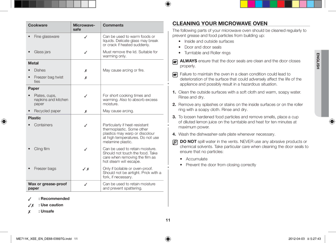 Samsung ME712K/XEE, ME711K/XEE manual Cleaning Your Microwave Oven 