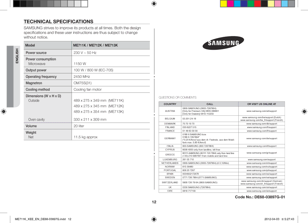 Samsung ME711K/XEE, ME712K/XEE manual Technical Specifications, Code No. DE68-03897G-01 