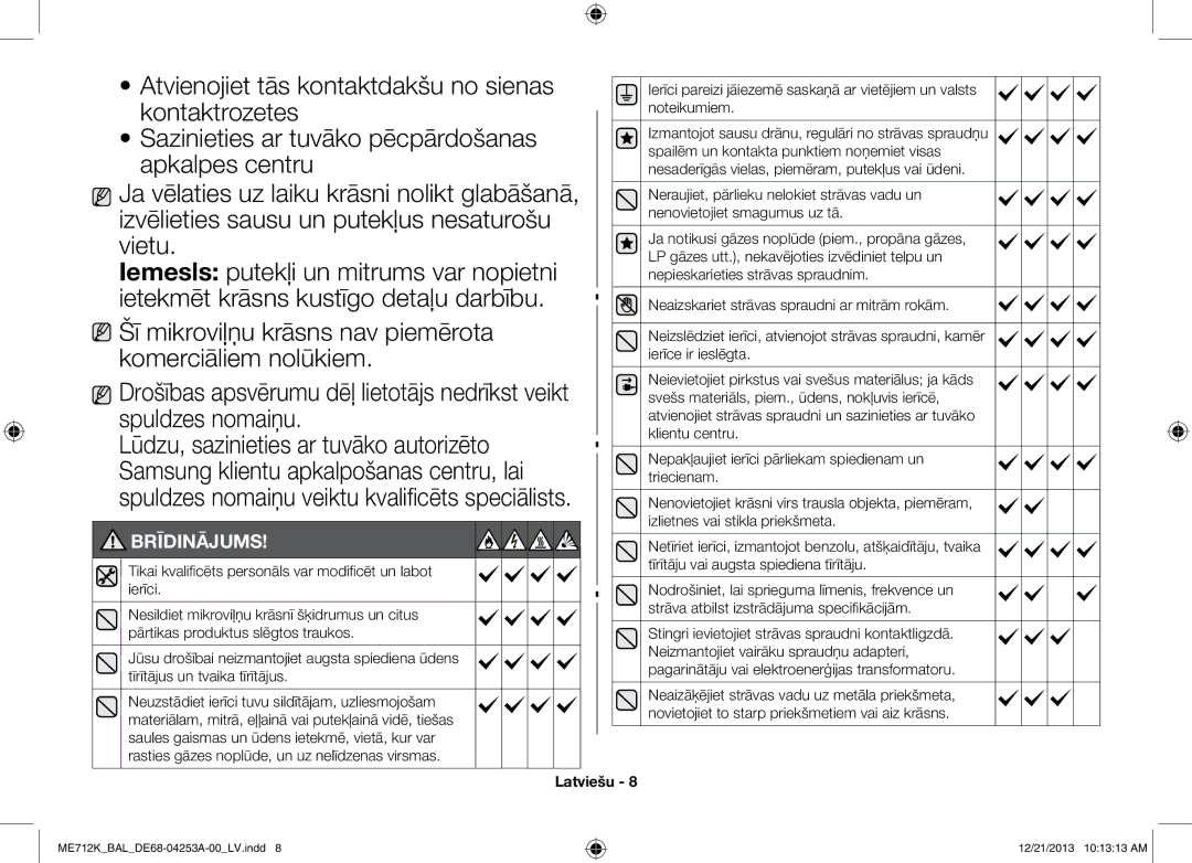 Samsung ME712K/BAL manual Brīdinājums 