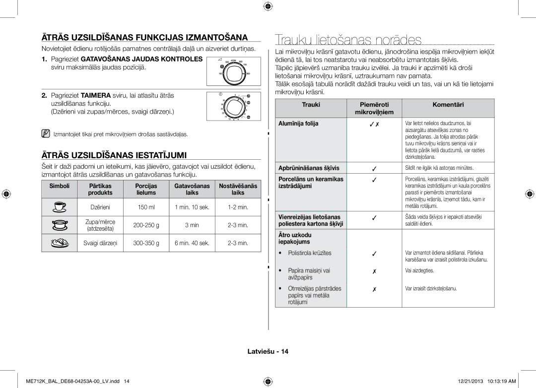 Samsung ME712K/BAL Trauku lietošanas norādes, Ātrās uzsildīšanas funkcijas izmantošana, Ātrās uzsildīšanas iestatījumi 