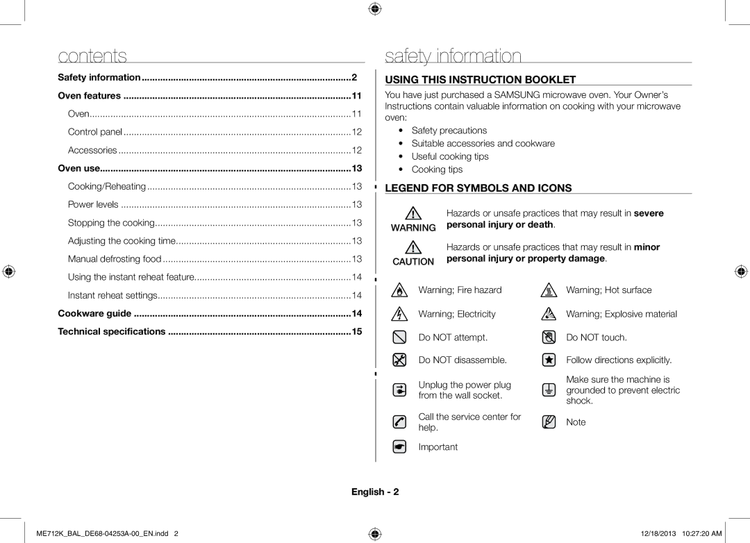 Samsung ME712K/BAL manual Safety information, Contents 