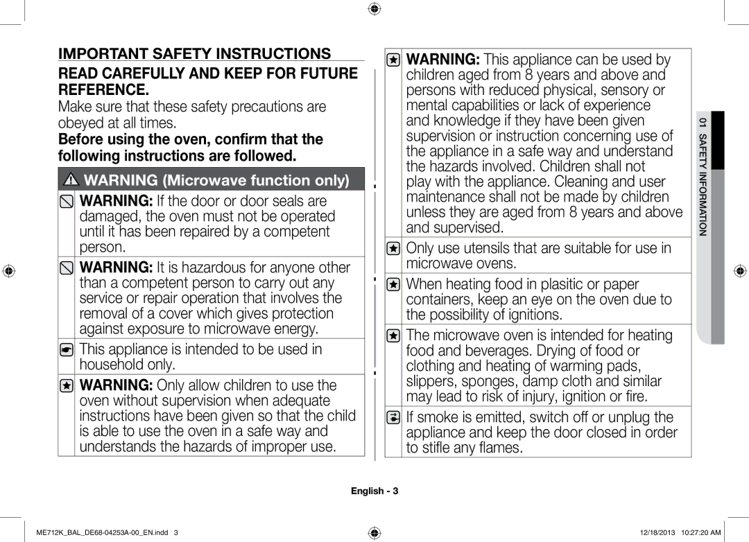 Samsung ME712K/BAL manual Read Carefully and Keep for Future Reference, Feas 01mationfor iny 