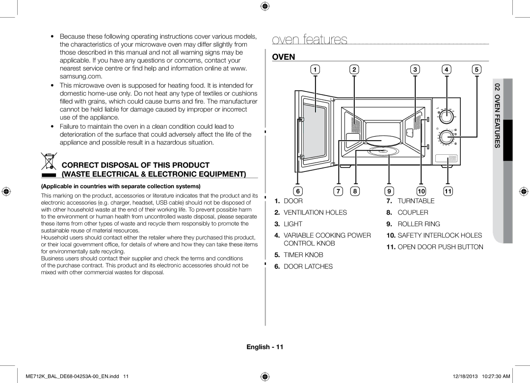 Samsung ME712K/BAL manual Oven features 