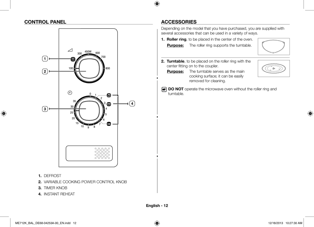 Samsung ME712K/BAL manual Control panel, Accessories, Purpose 