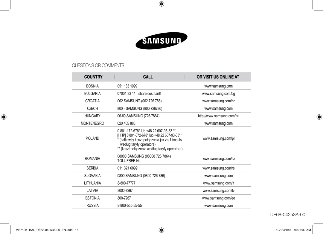 Samsung ME712K/BAL manual Bosnia 