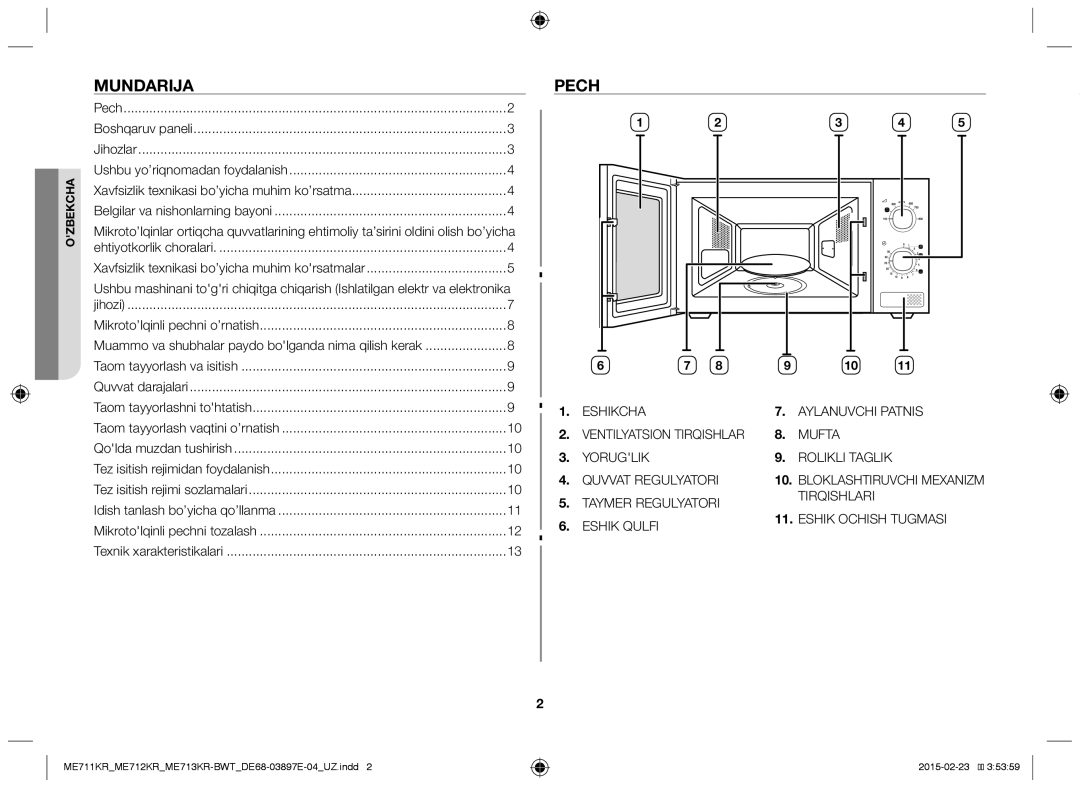 Samsung ME711KR/BWT, ME712KR/BWT, ME713KR/BWT manual Mundarija, Pech 