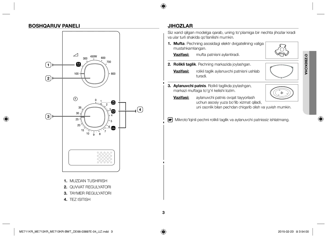 Samsung ME712KR/BWT, ME713KR/BWT, ME711KR/BWT manual Boshqaruv Paneli Jihozlar 