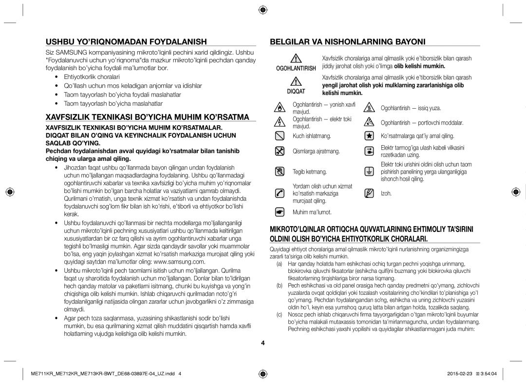 Samsung ME713KR/BWT, ME712KR/BWT, ME711KR/BWT manual Xavfsizlik Texnikasi BO’YICHA Muhim KO’RSATMA 