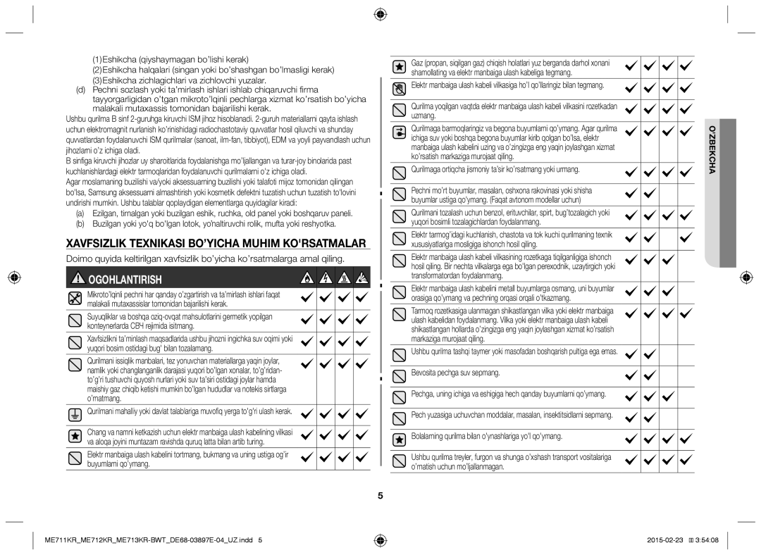 Samsung ME711KR/BWT, ME712KR/BWT, ME713KR/BWT manual Xavfsizlik Texnikasi BO’YICHA Muhim Korsatmalar, Ogohlantirish 