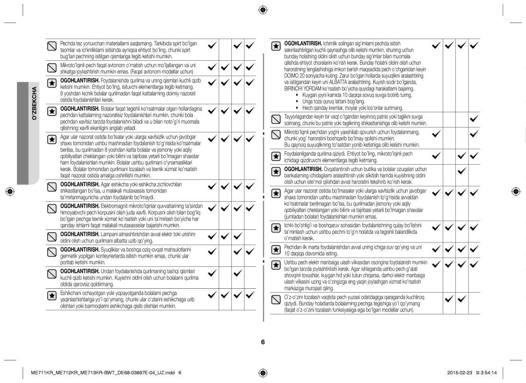 Samsung ME712KR/BWT, ME713KR/BWT, ME711KR/BWT manual Ozbekcha 