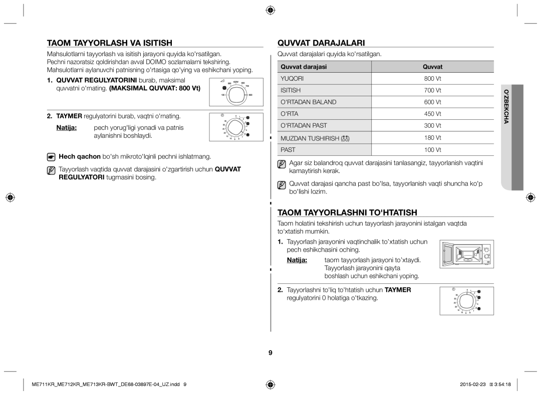 Samsung ME712KR/BWT manual Taom Tayyorlash VA Isitish, Quvvat Darajalari, Taom Tayyorlashni Tohtatish, Quvvat darajasi 