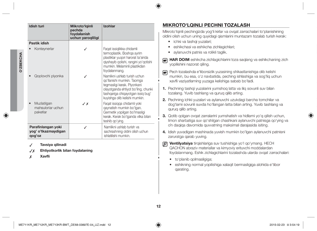 Samsung ME712KR/BWT, ME713KR/BWT, ME711KR/BWT manual Mikrotolqinli Pechni Tozalash 