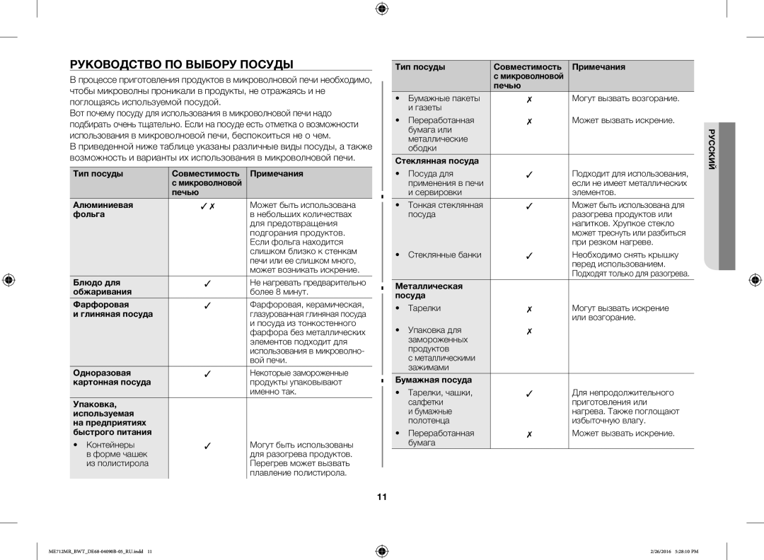 Samsung ME712MR/BWT, ME712MR-W/BWT, ME712MR-S/BWT manual Руководство ПО Выбору Посуды 