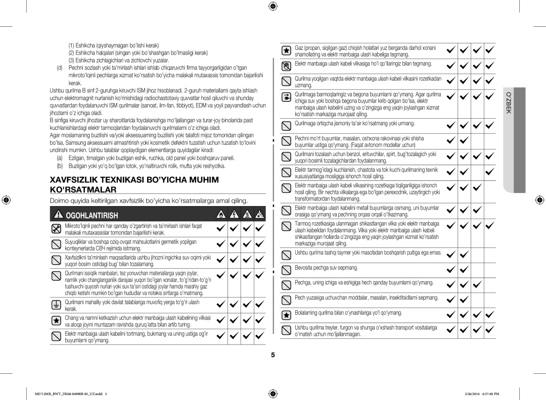 Samsung ME712MR/BWT, ME712MR-W/BWT, ME712MR-S/BWT manual Xavfsizlik Texnikasi BO’YICHA Muhim Korsatmalar, Ogohlantirish 