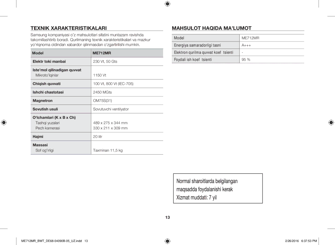 Samsung ME712MR-S/BWT manual Texnik Xarakteristikalari, Mahsulot Haqida MA’LUMOT, Model, Energiya samaradorligi tasnifi 