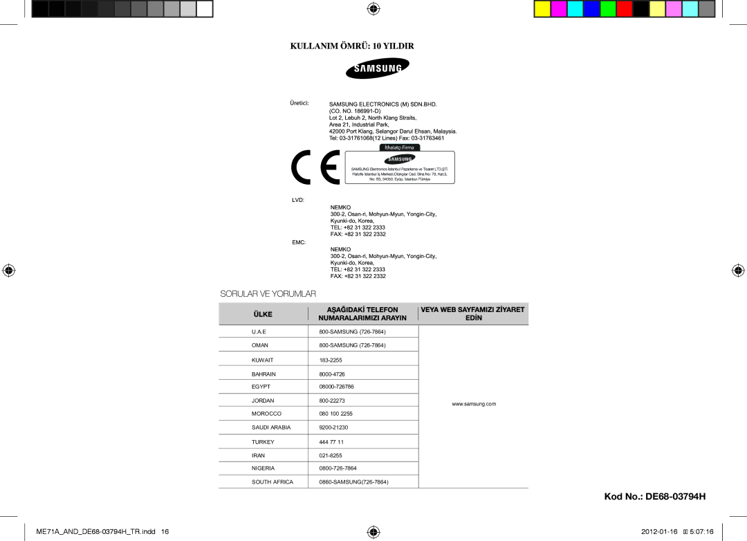 Samsung ME71A/AND manual Kod No. DE68-03794H 