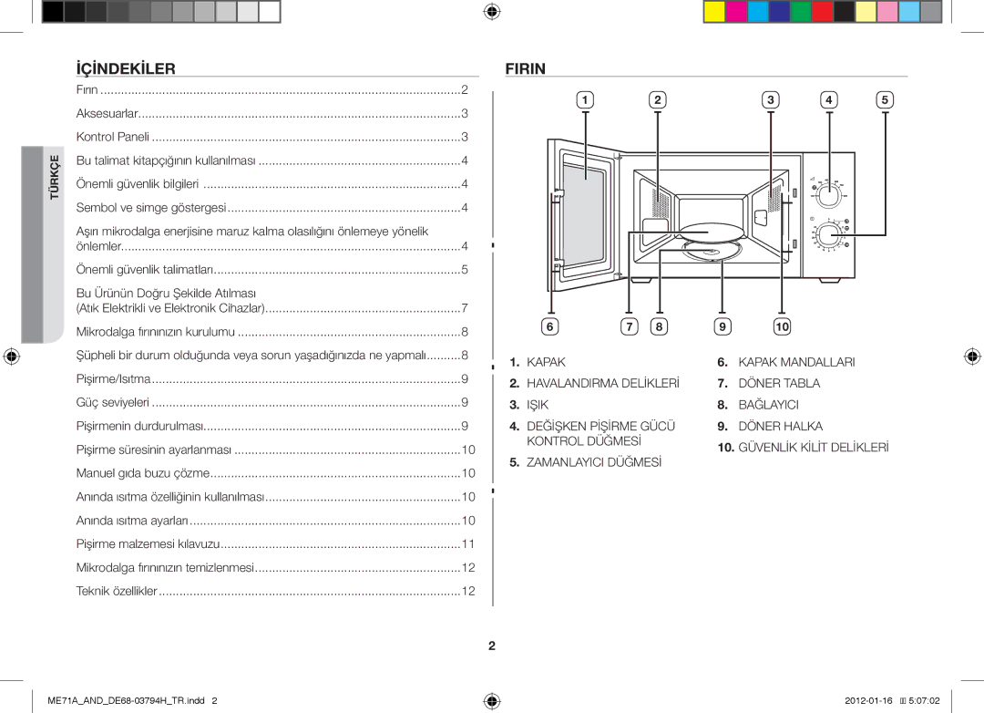 Samsung ME71A/AND manual Içindekiler, Firin, Bu Ürünün Doğru Şekilde Atılması 