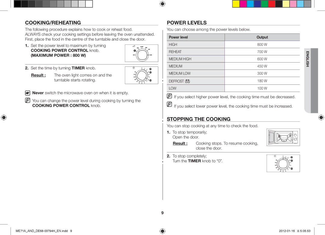 Samsung ME71A/AND manual Cooking/Reheating, Power Levels, Stopping the Cooking, You can choose among the power levels below 