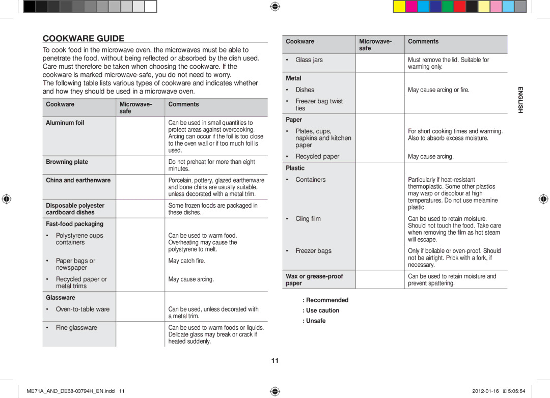 Samsung ME71A/AND manual Cookware Guide 