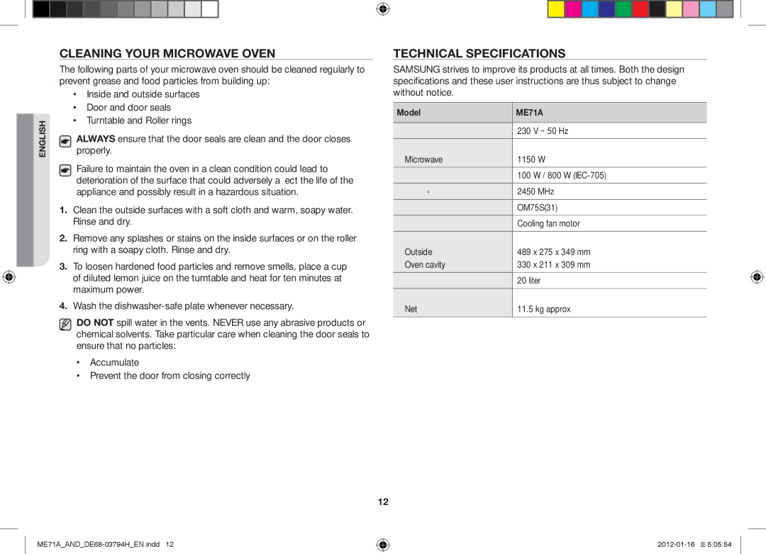 Samsung ME71A/AND manual Cleaning Your Microwave Oven, Technical Specifications 