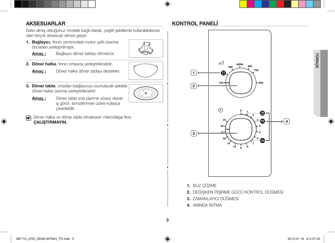 Samsung ME71A/AND manual Aksesuarlar, Kontrol Paneli 