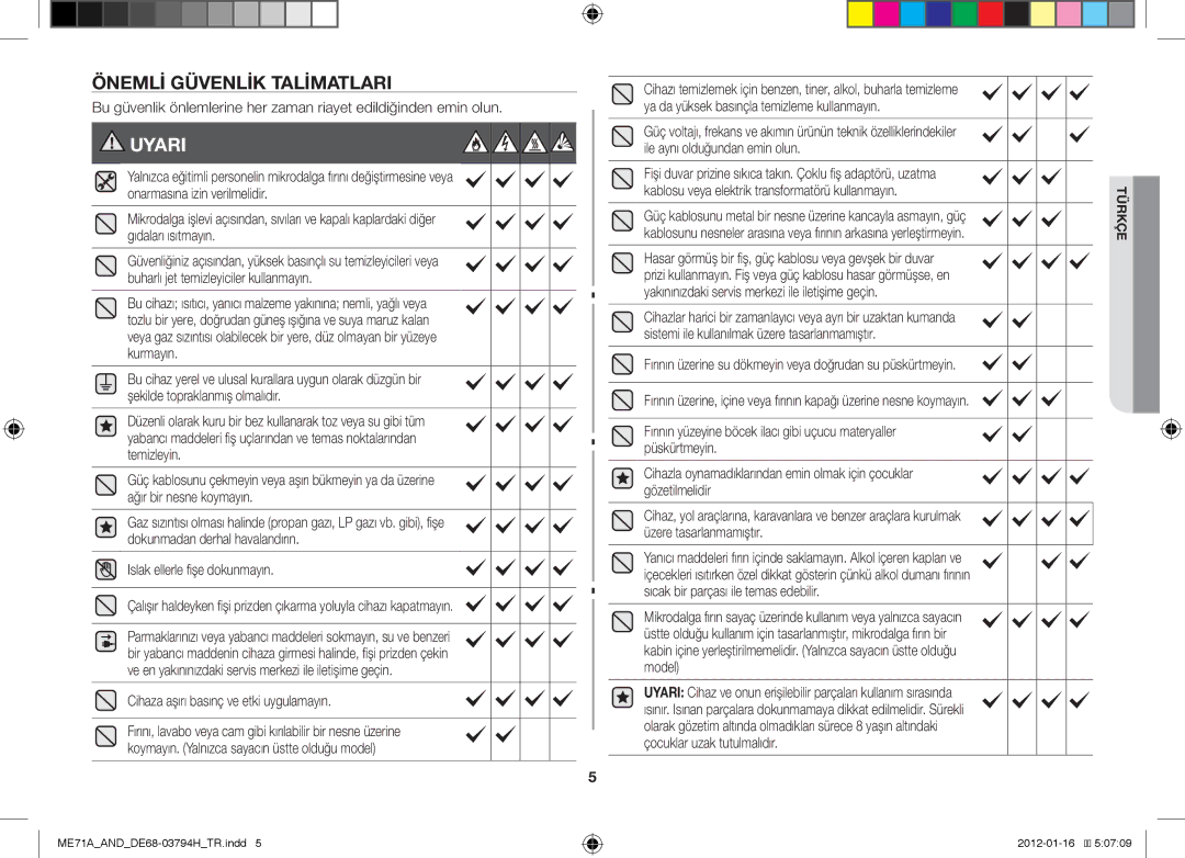 Samsung ME71A/AND manual Önemli Güvenlik Talimatlari, Cihaza aşırı basınç ve etki uygulamayın 