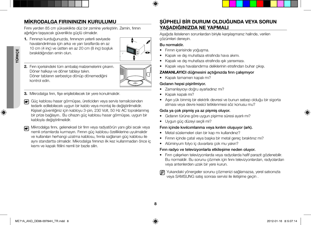 Samsung ME71A/AND manual Mikrodalga Firininizin Kurulumu 