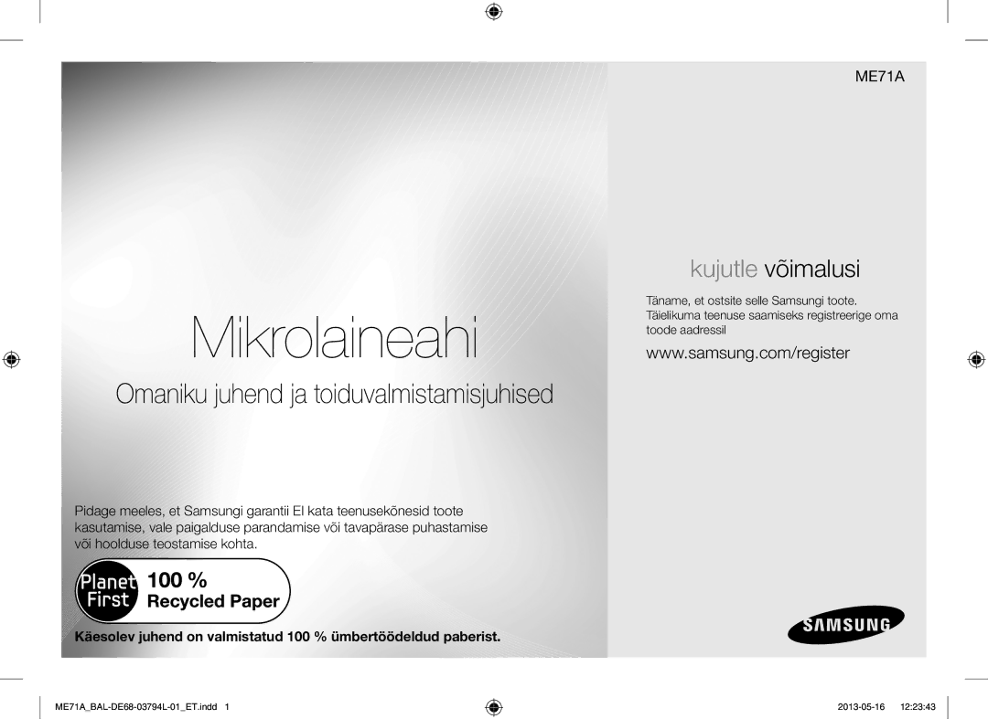 Samsung ME71A/BAL manual Mikrolaineahi 