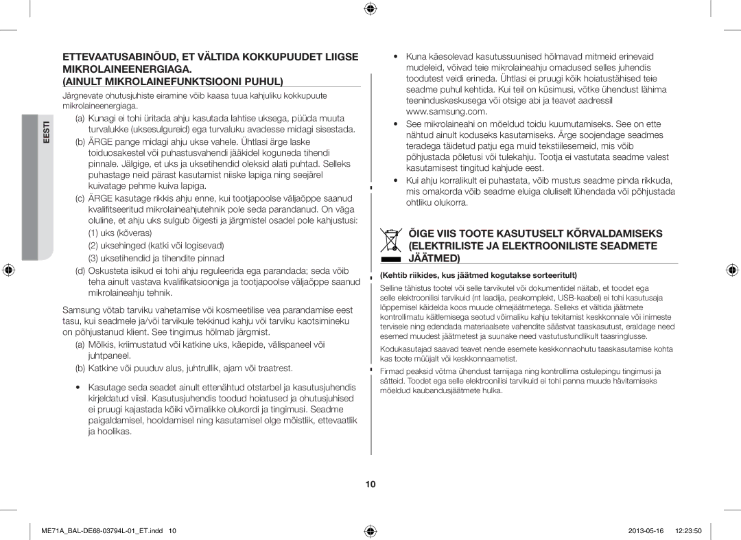 Samsung ME71A/BAL manual Kehtib riikides, kus jäätmed kogutakse sorteeritult 