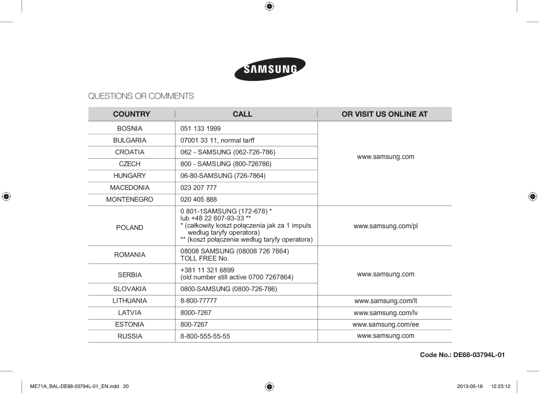 Samsung ME71A/BAL manual Code No. DE68-03794L-01 