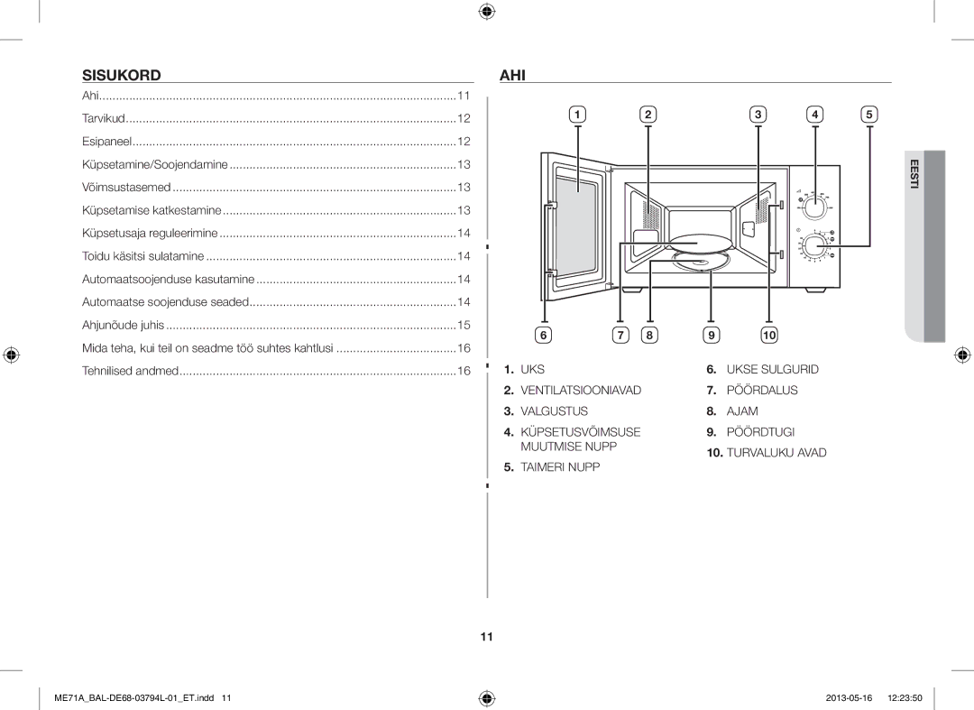 Samsung ME71A/BAL manual Sisukord, Ahi 