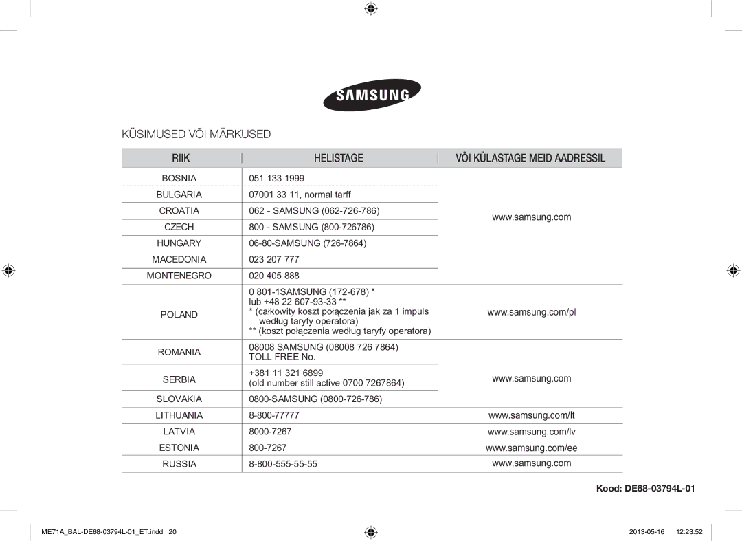 Samsung ME71A/BAL manual 051 133, 07001 33 11, normal tarff, Samsung, 023 207, 020 405 801-1SAMSUNG Lub +48 22, 800-77777 