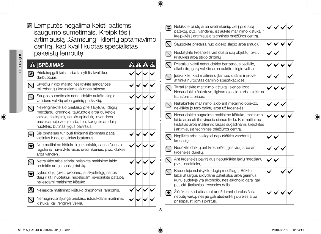 Samsung ME71A/BAL manual Įspėjimas 