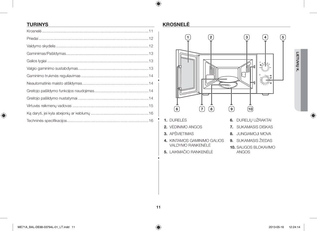 Samsung ME71A/BAL manual Turinys, Krosnelė 