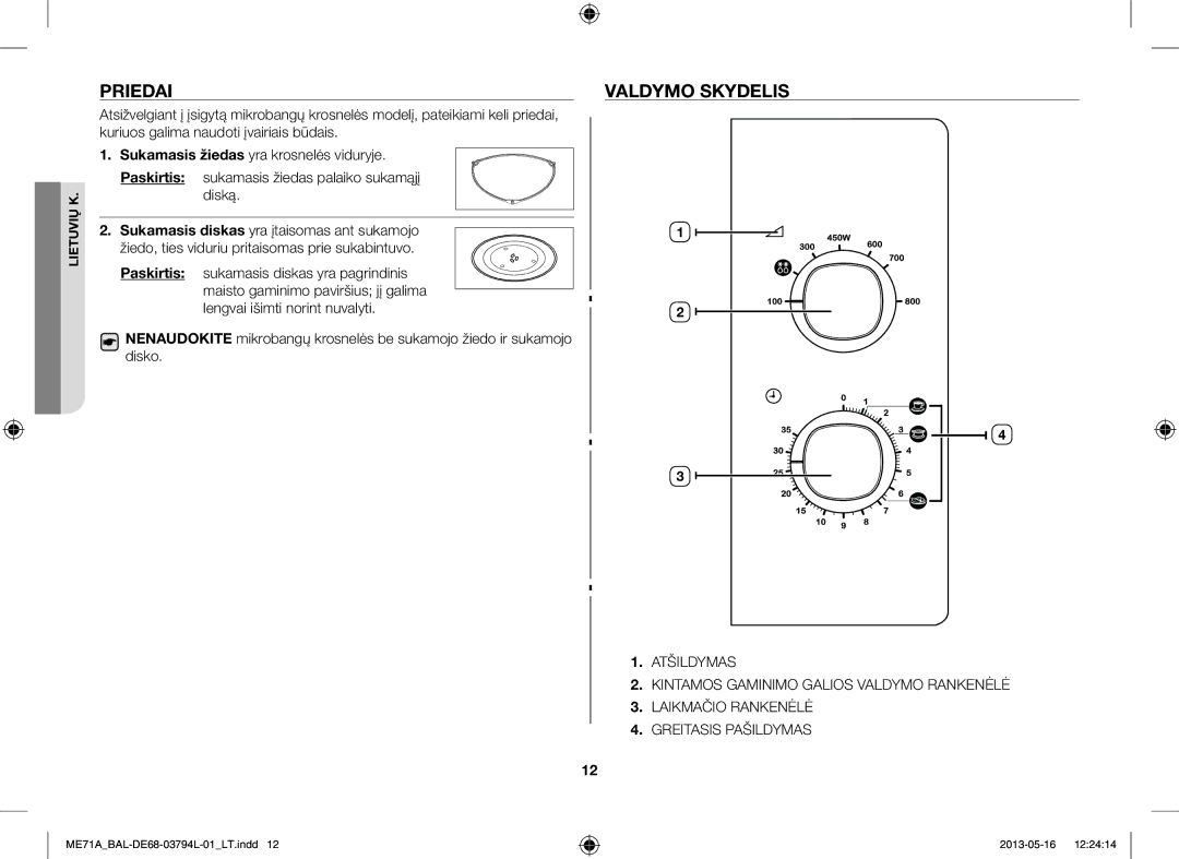 Samsung ME71A/BAL manual Priedai, Valdymo Skydelis 