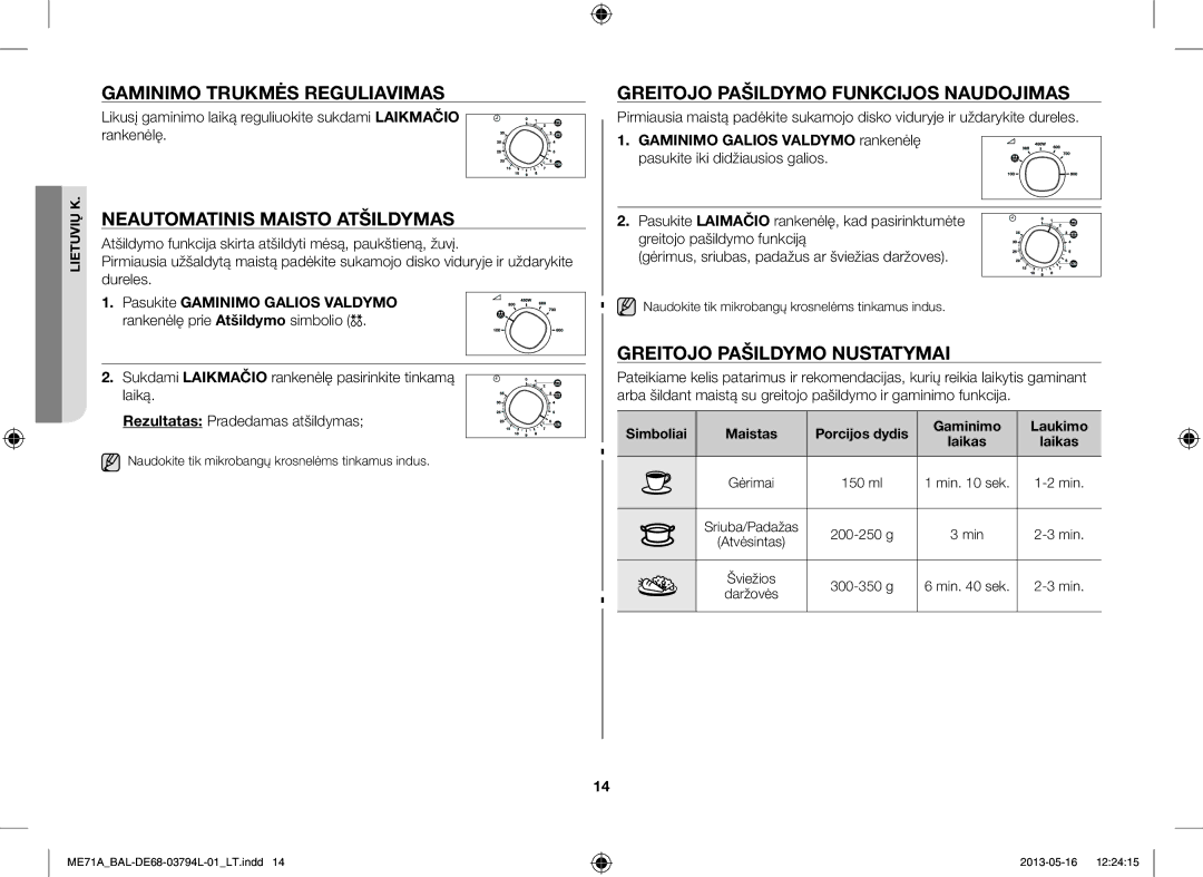 Samsung ME71A/BAL Gaminimo Trukmės Reguliavimas, Neautomatinis Maisto Atšildymas, Greitojo Pašildymo Funkcijos Naudojimas 