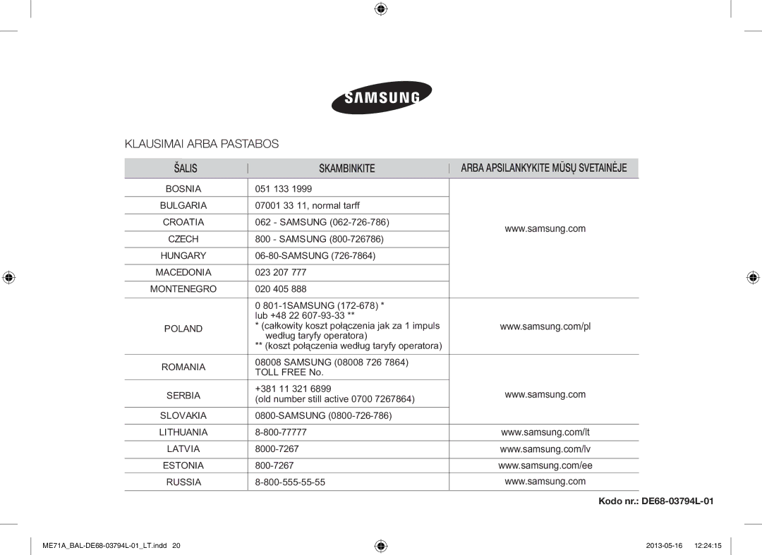 Samsung ME71A/BAL manual Klausimai Arba Pastabos Šalis Skambinkite 