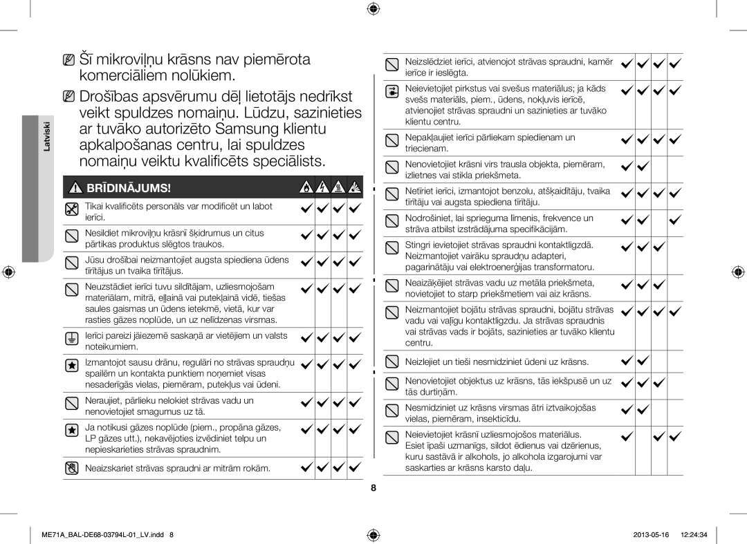 Samsung ME71A/BAL manual Brīdinājums 