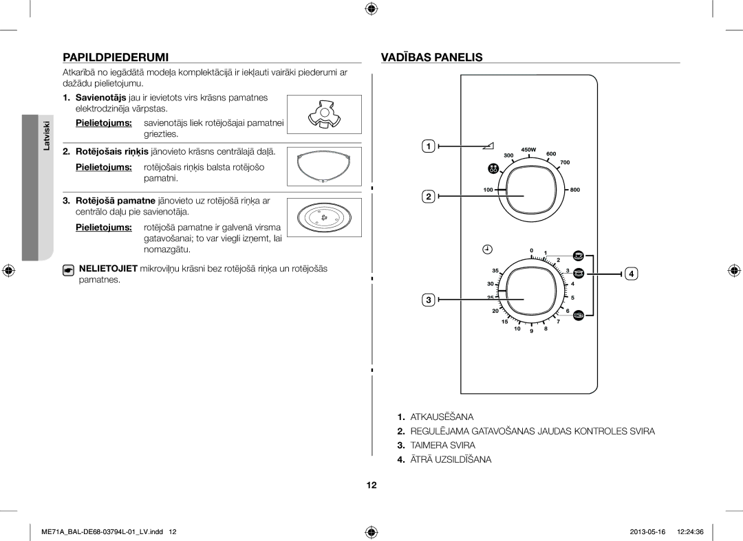 Samsung ME71A/BAL manual Papildpiederumi, Vadības Panelis 