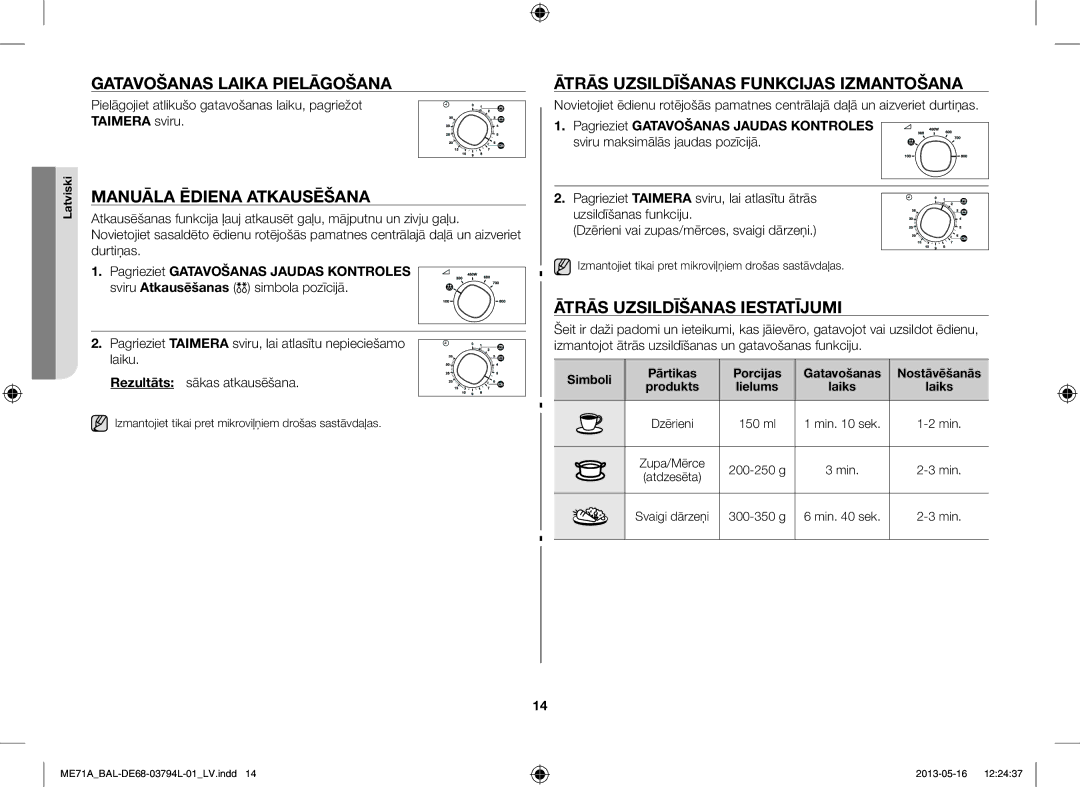 Samsung ME71A/BAL Gatavošanas Laika Pielāgošana, Manuāla Ēdiena Atkausēšana, Ātrās Uzsildīšanas Funkcijas Izmantošana 