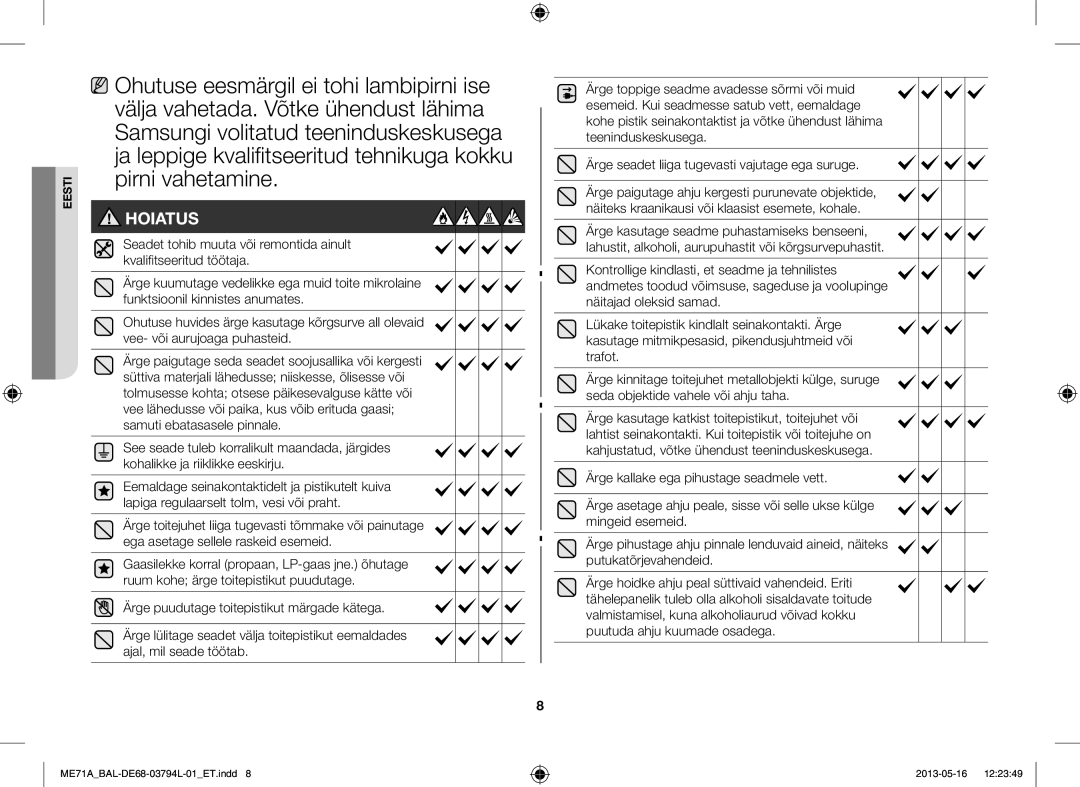 Samsung ME71A/BAL manual Ohutuse eesmärgil ei tohi lambipirni ise, Välja vahetada. Võtke ühendust lähima, Pirni vahetamine 