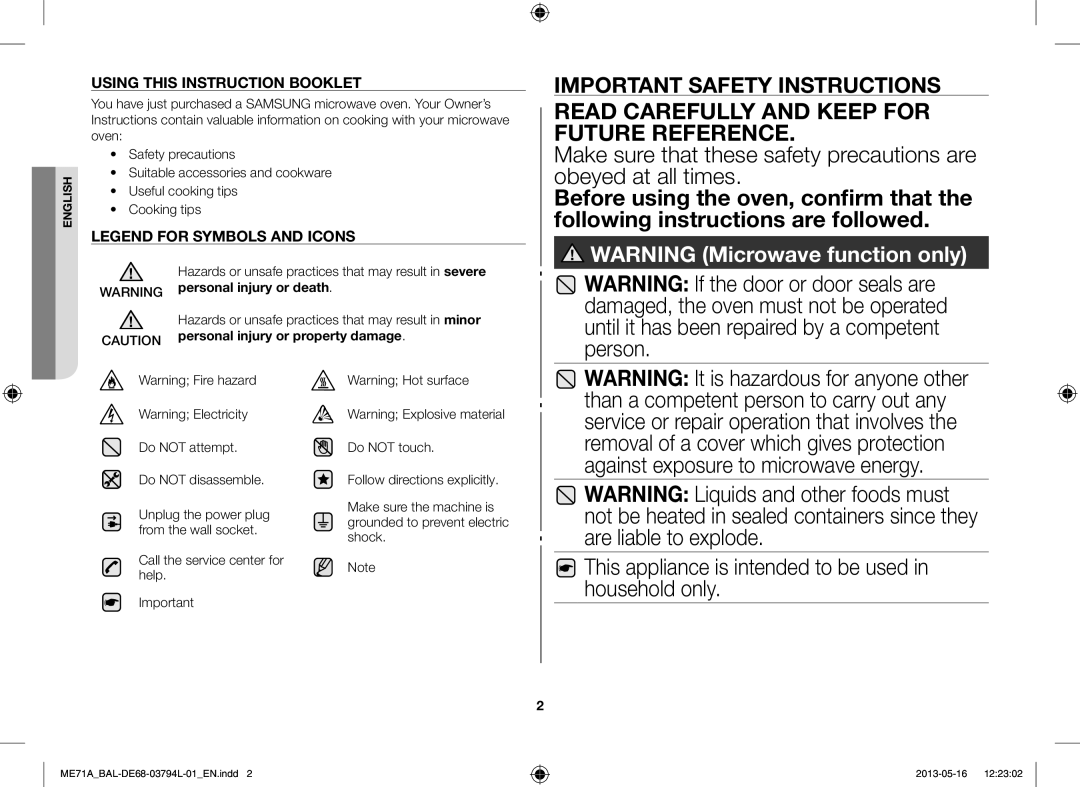 Samsung ME71A/BAL Read Carefully and Keep for Future Reference, This appliance is intended to be used in household only 