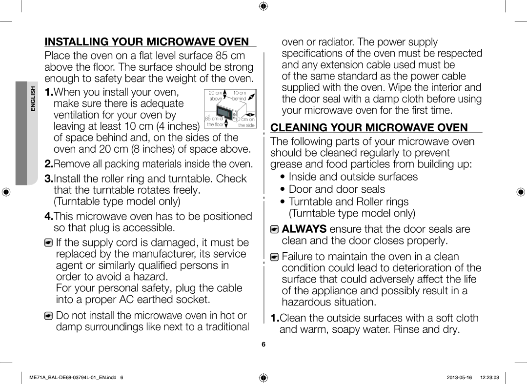 Samsung ME71A/BAL manual Installing Your Microwave Oven, Cleaning Your Microwave Oven 