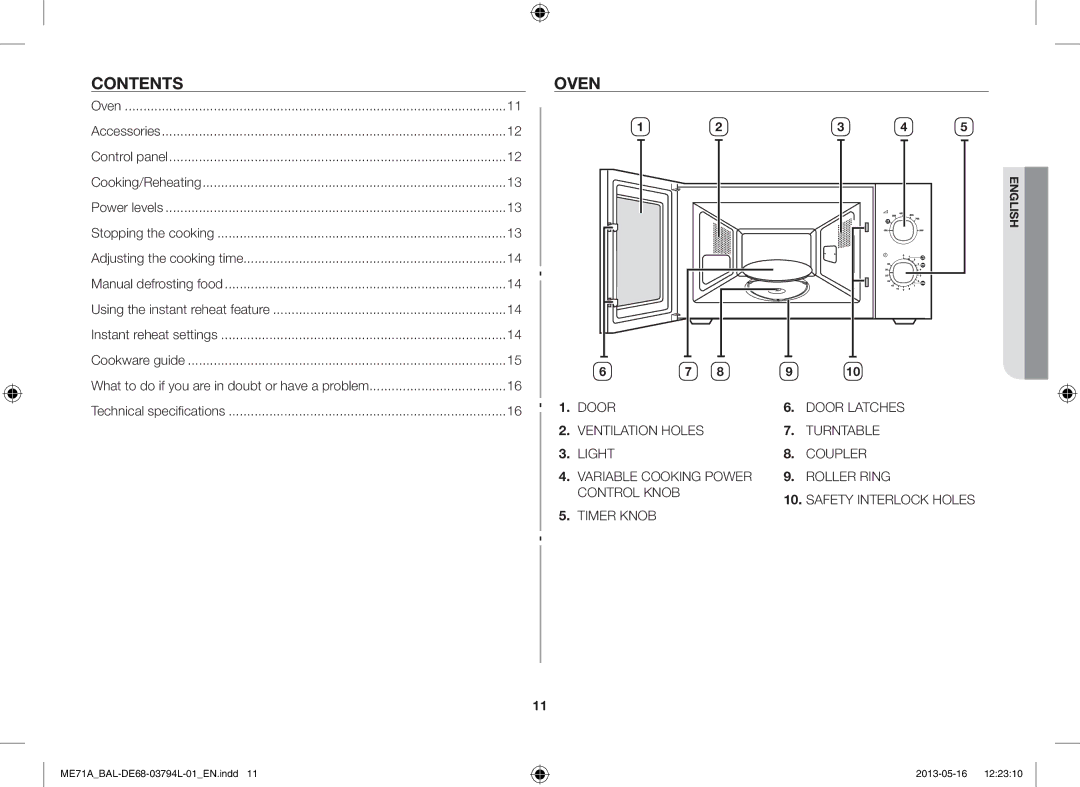 Samsung ME71A/BAL manual Contents, Oven 