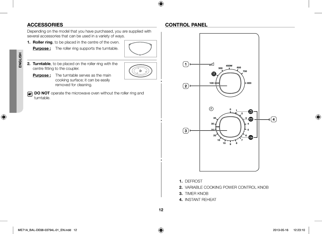 Samsung ME71A/BAL manual Accessories, Control Panel 