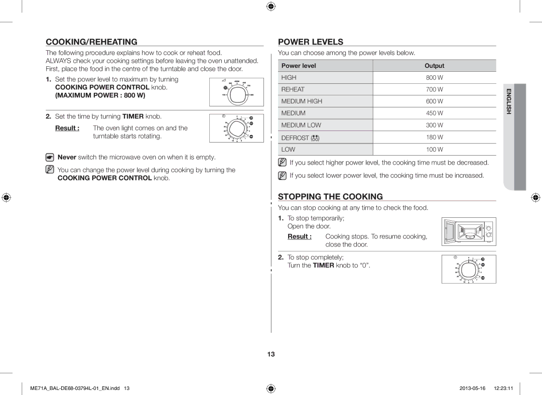 Samsung ME71A/BAL manual Cooking/Reheating, Power Levels, Stopping the Cooking, You can choose among the power levels below 